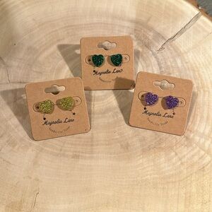 Mardi Gras Heart Earrings 3 pc Set Glitter Heart Resin studs purple Green gold